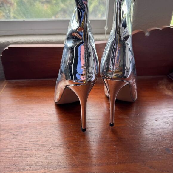 Arqa Knee Silver Metallic High Boots Women Wide Calf Stiletto Heel Zipper 8.5 39 - Picture 10 of 13